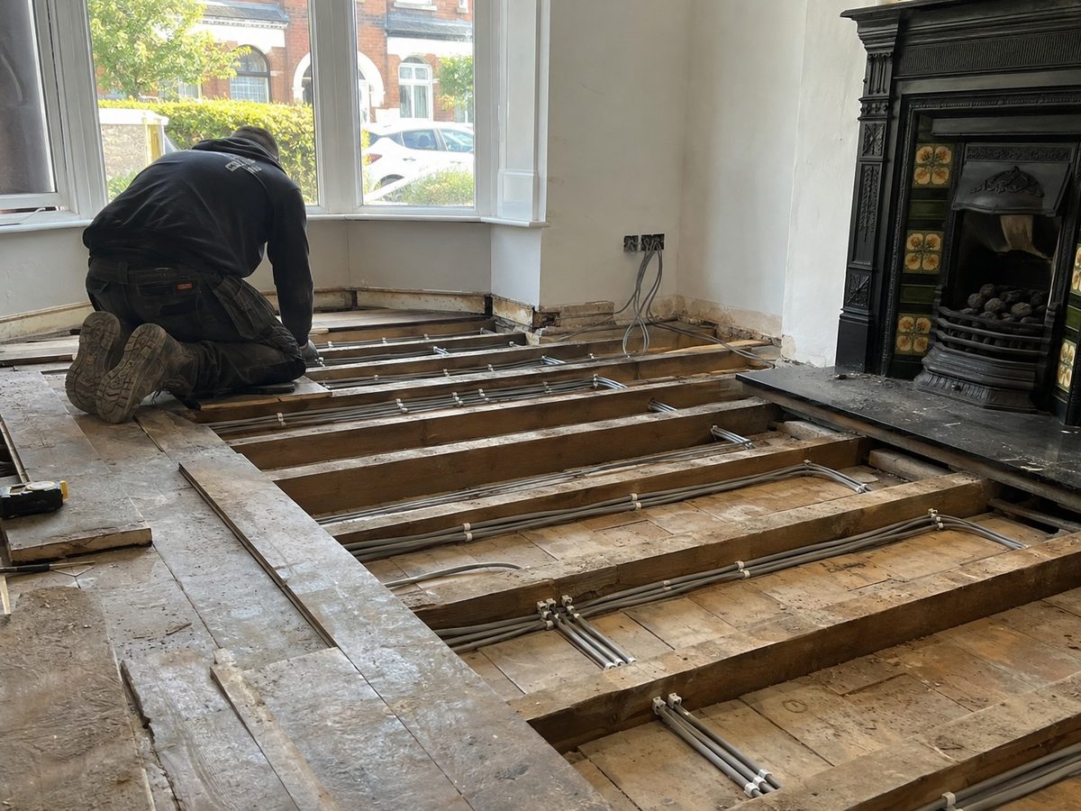 Floorboards lifted with new cable run through the joists below