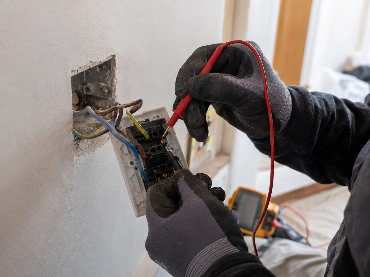 A socket front taken off and meter probes held on the cable behind it
