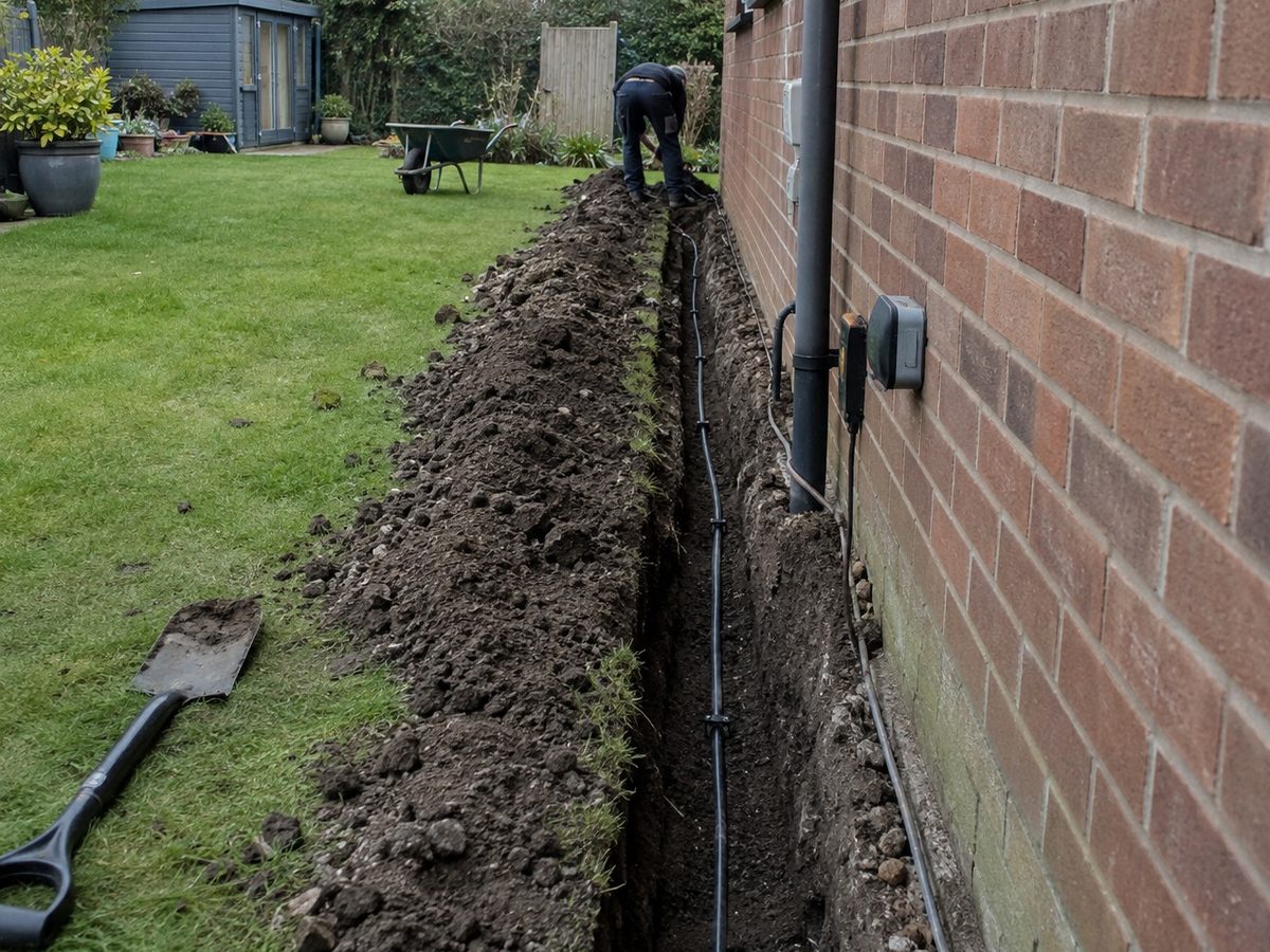 A narrow trench open along a garden wall with cable laid in the bottom of it
