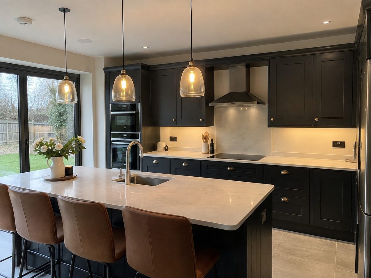 Pendants over an island in a navy kitchen with stools along one side