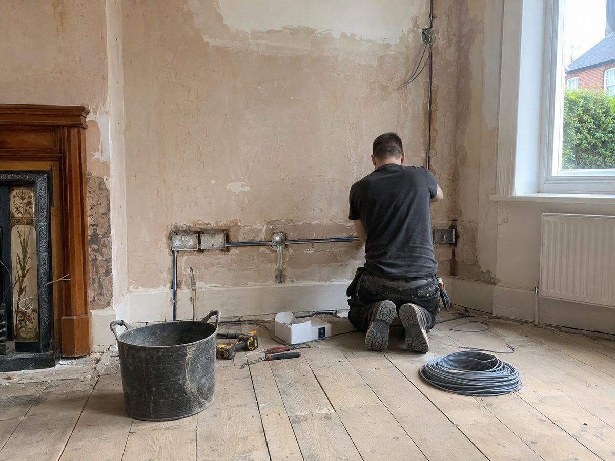 A stripped room with cable being chased into the wall and a coil of cable on the floorboards