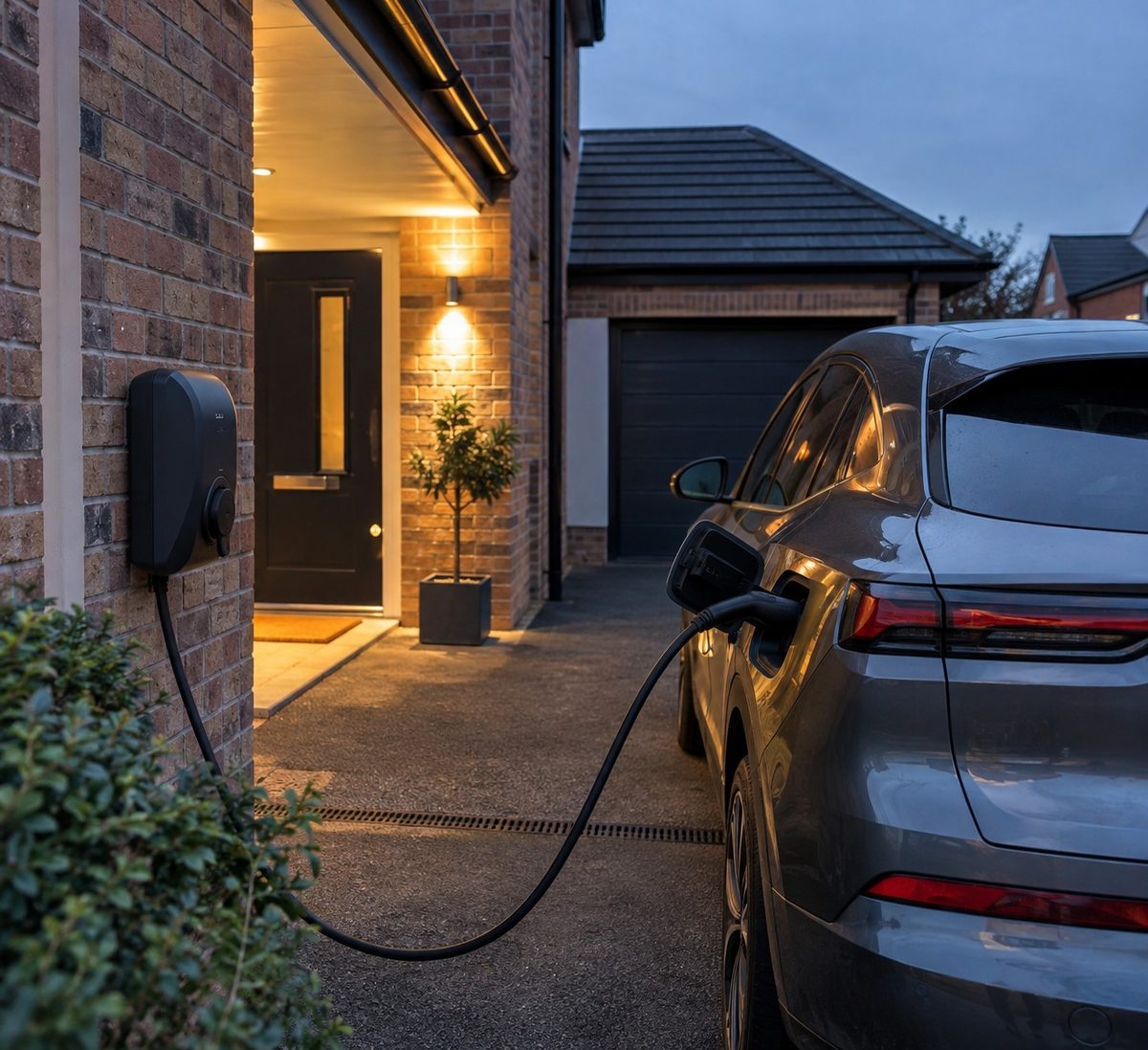 A car charger on a house wall beside a garage with a car on the drive