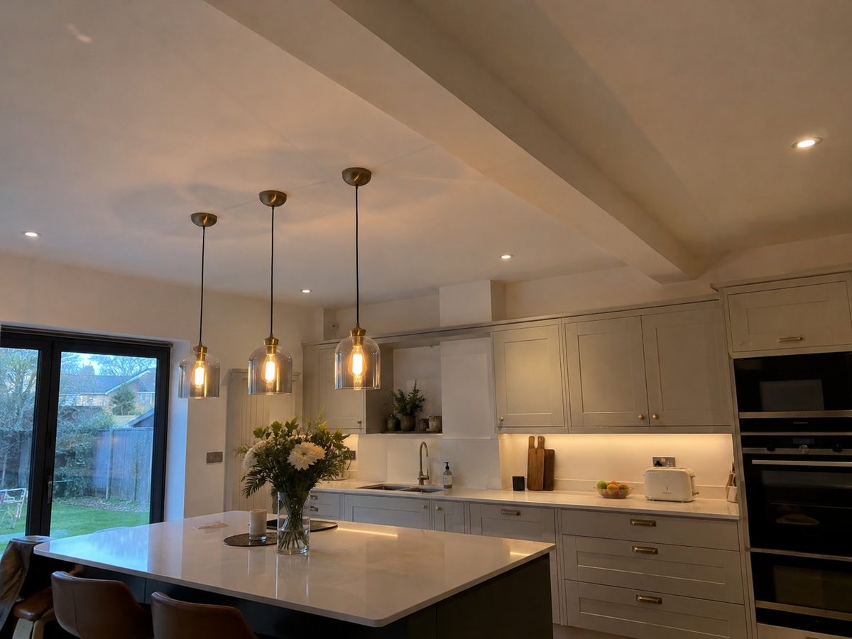 Pendants over an island in an open plan kitchen with glazing along one wall