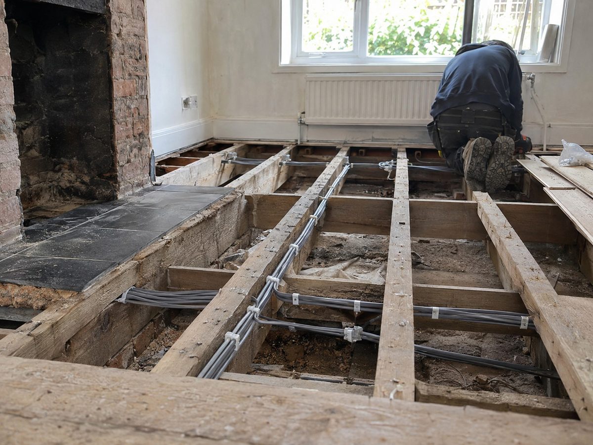 Floor joists exposed in a stripped room with cable runs between them