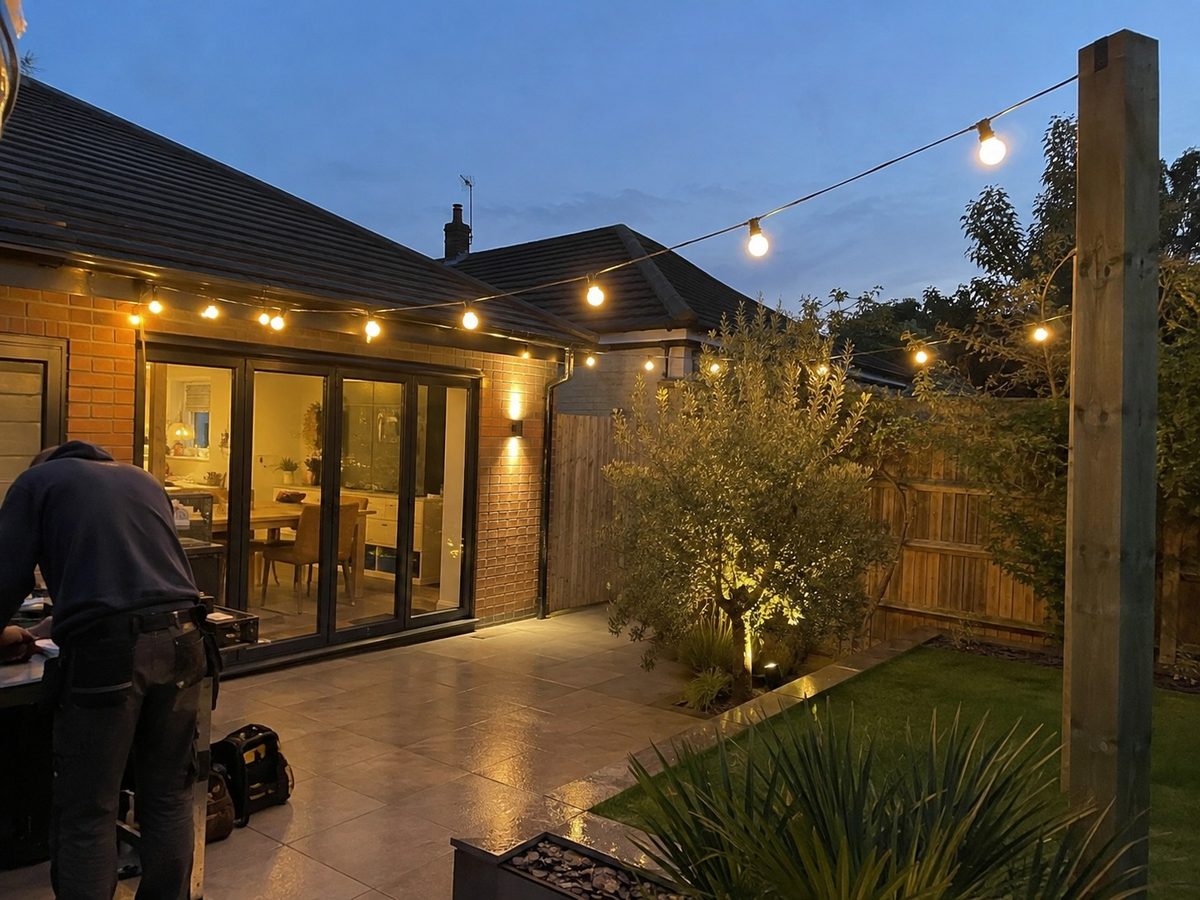 Festoon lighting above a patio at dusk with the lights already on