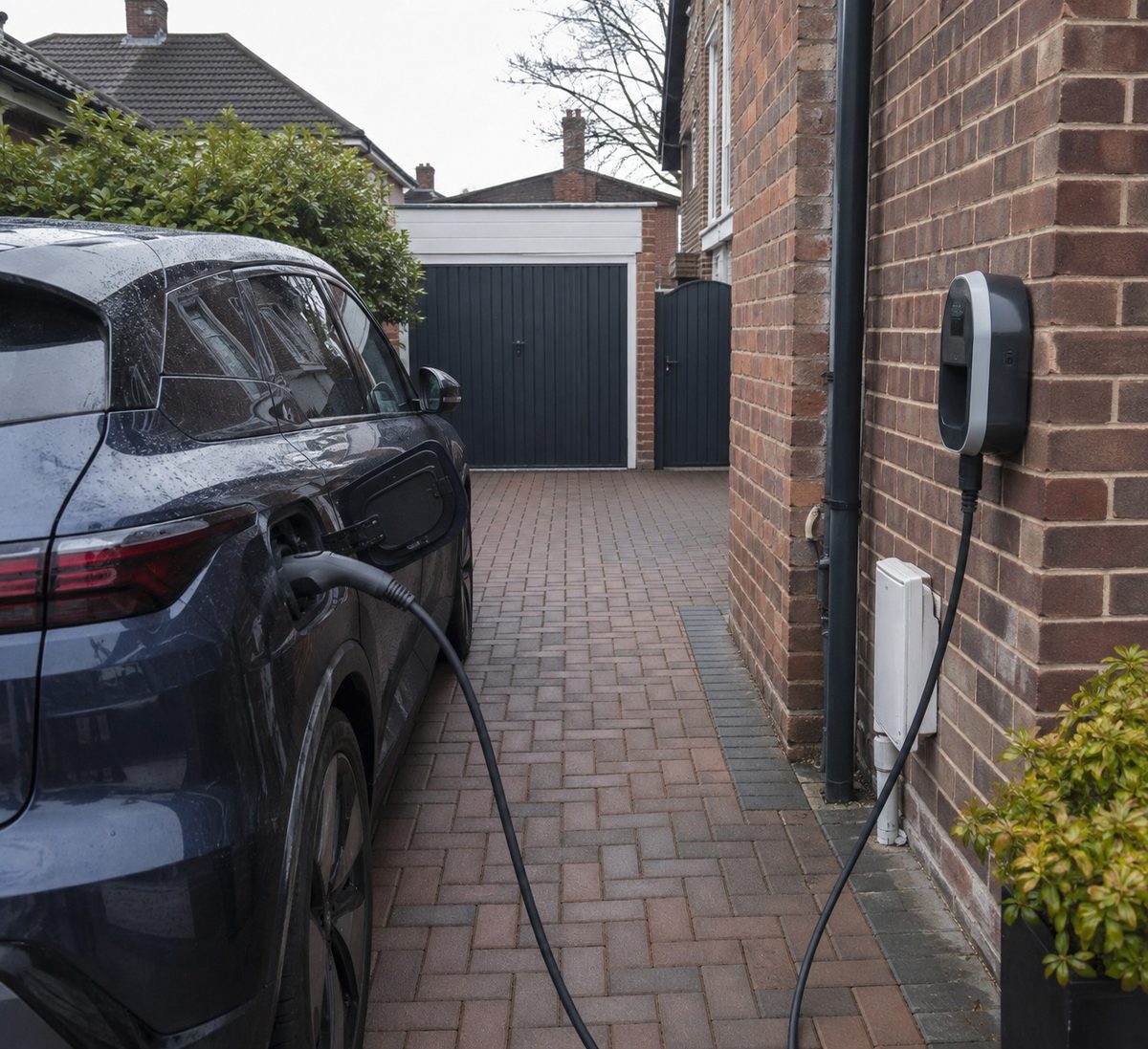 A car charger on a brick wall above a block paved drive with a car plugged in