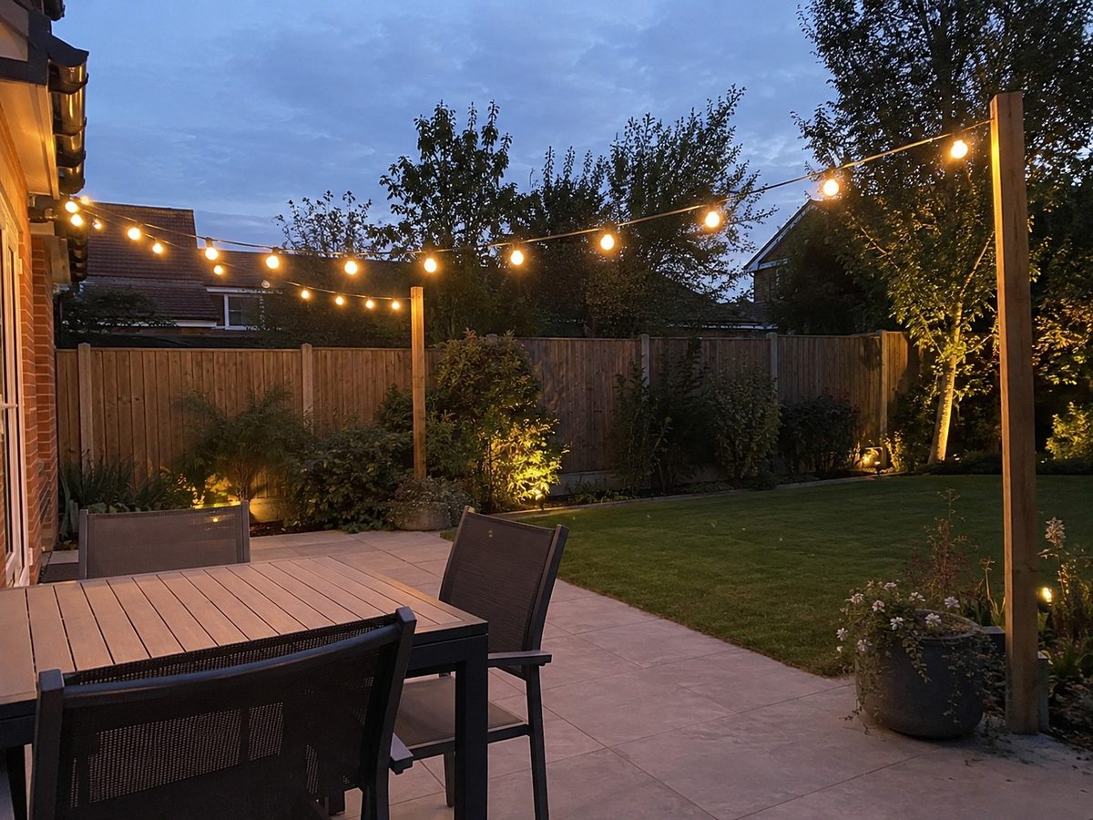 Festoon lighting above decking and a lawn at dusk
