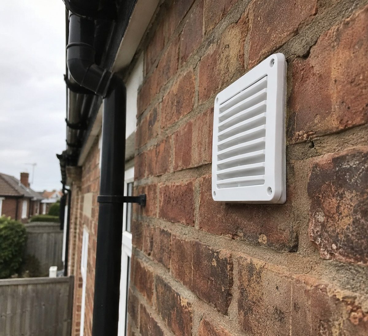 A vent grille set into a brick gable wall above a garden