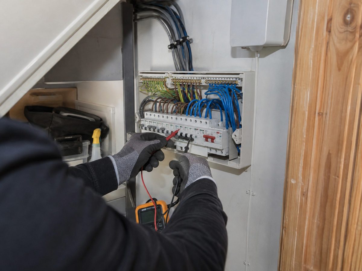 A new consumer unit on a wall with a meter held against its terminals