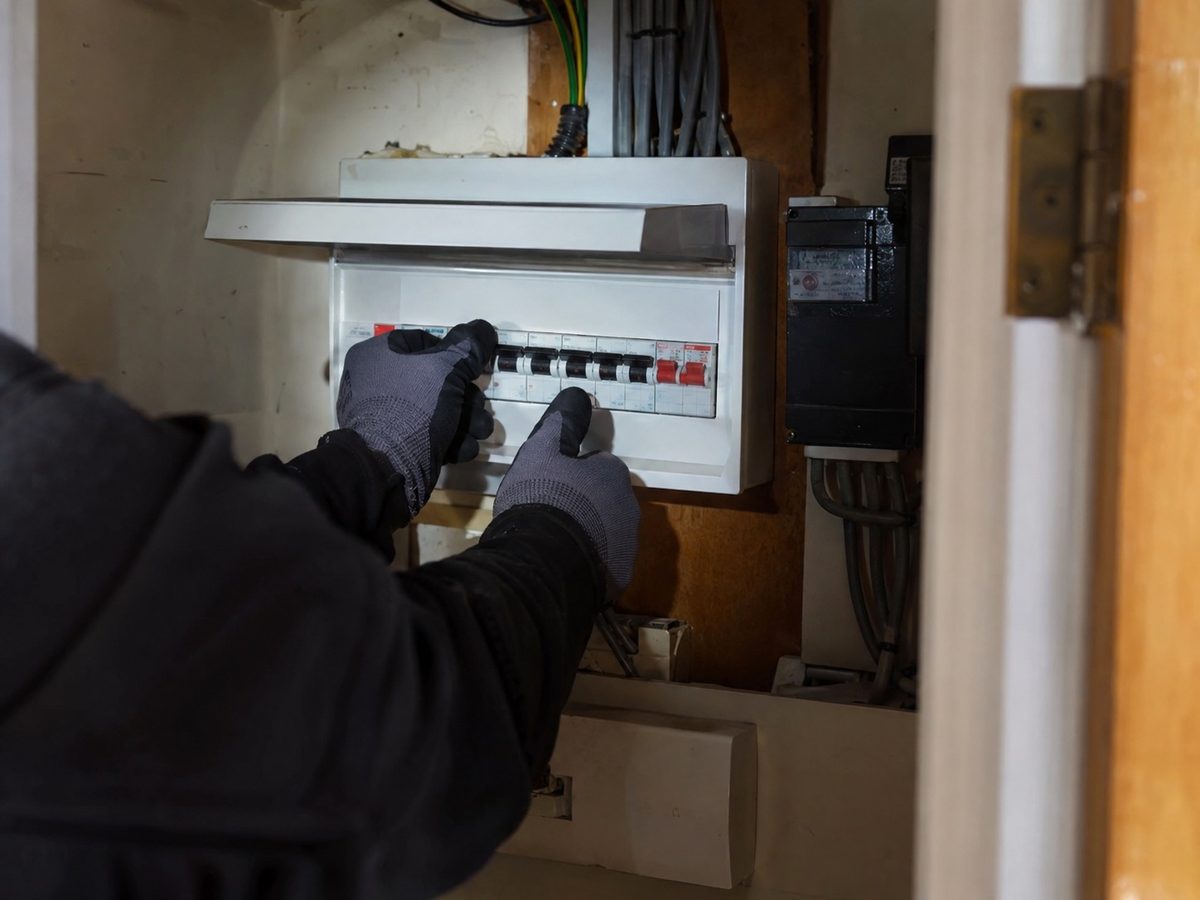 A consumer unit in a hallway cupboard with the cover being refitted