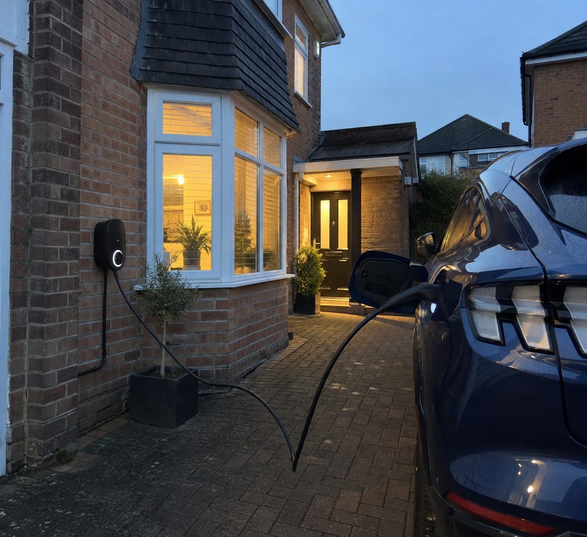 A car charger on a brick wall with a car plugged in on the drive beside it at dusk