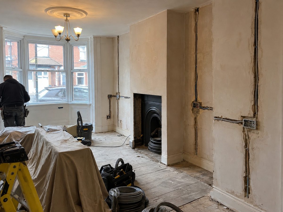 A room stripped back with cable chased into the wall and the floor lifted