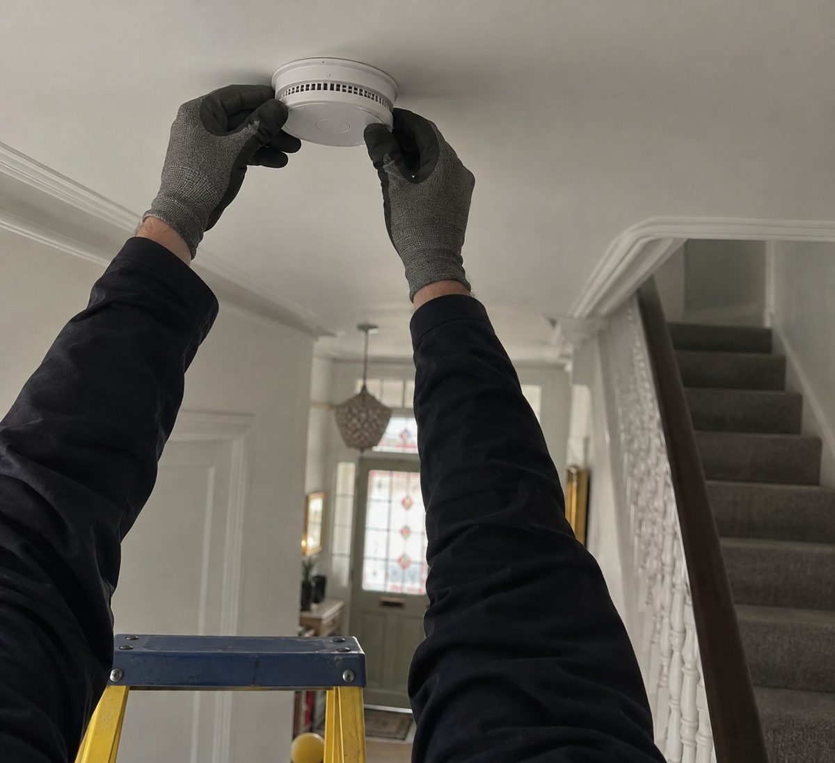 An alarm being fitted to a hallway ceiling from a stepladder above the stairs