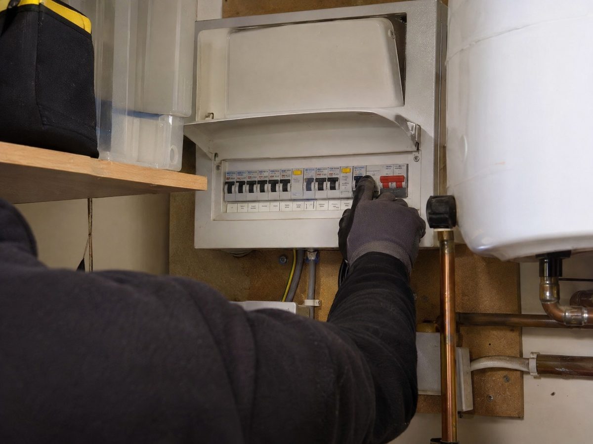 A consumer unit mounted on a board above a hot water cylinder