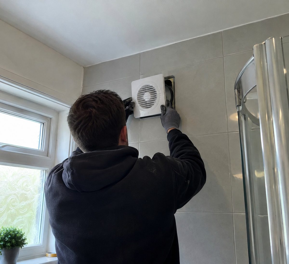 An extractor fan being fitted to a bathroom wall beside the window
