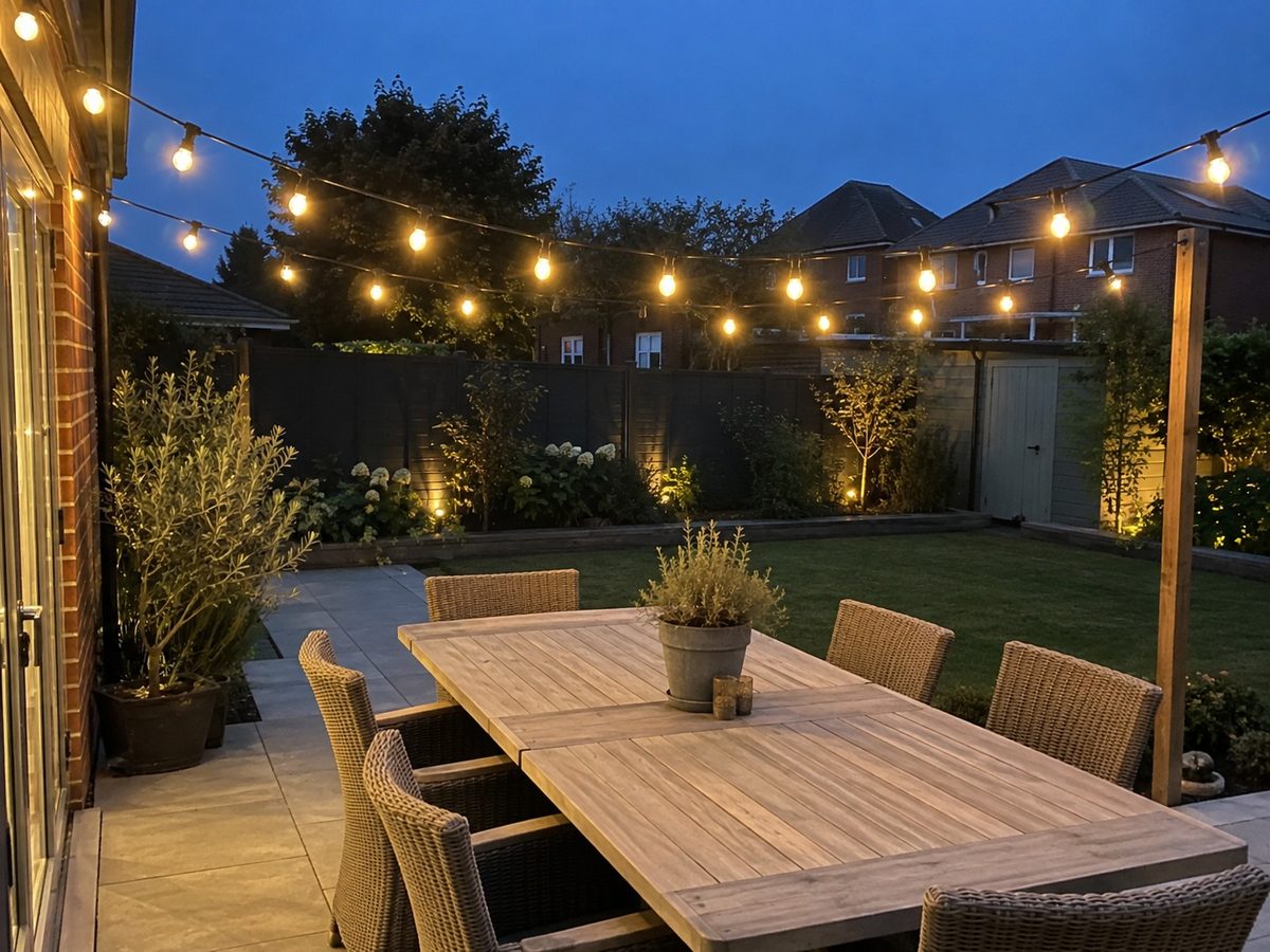 Festoon lighting strung above a garden table at dusk