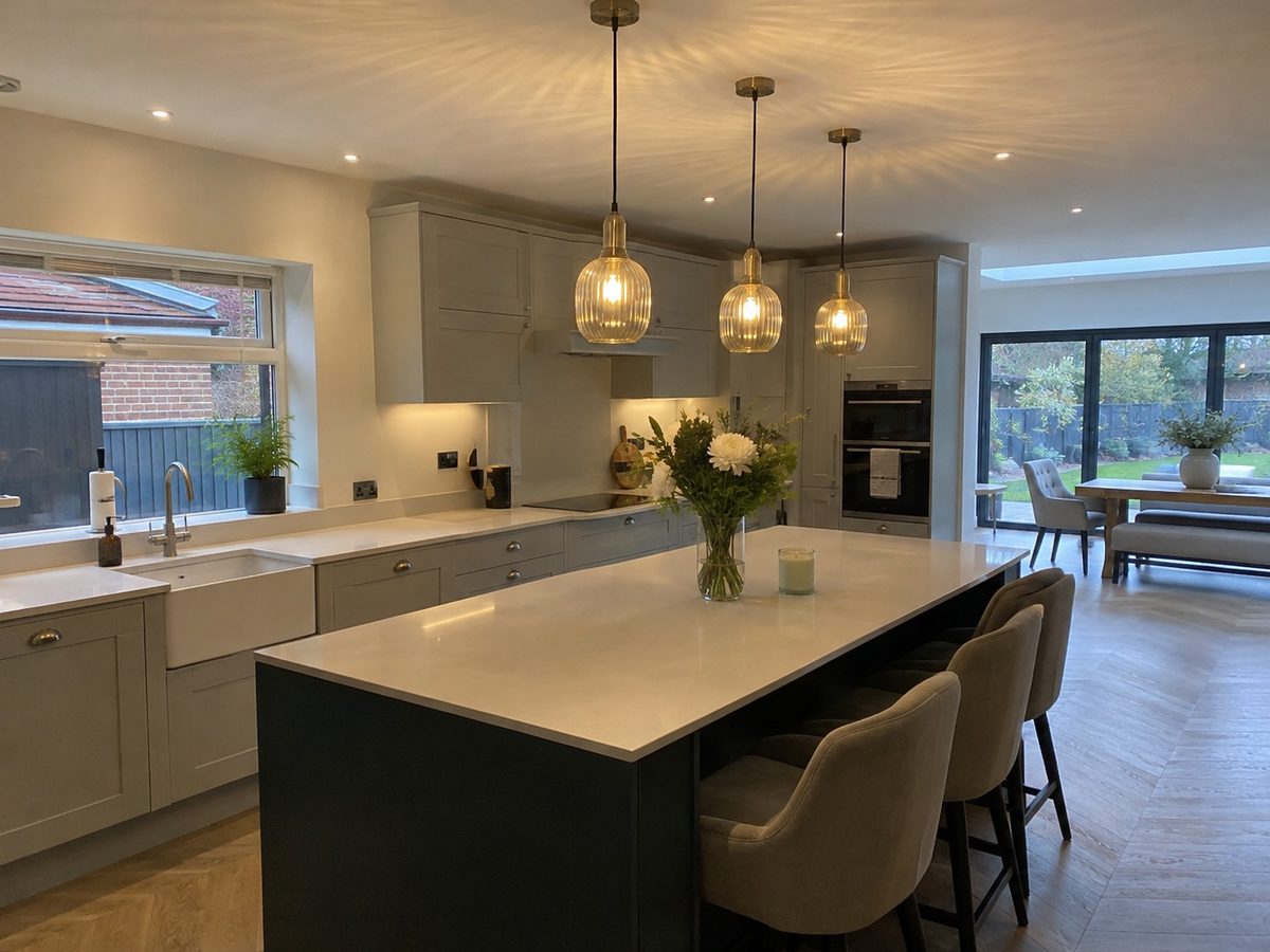 Three glass pendants hung over a kitchen island with downlights in the ceiling behind them