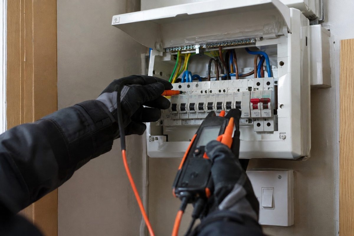 Meter probes held onto the terminals of a consumer unit