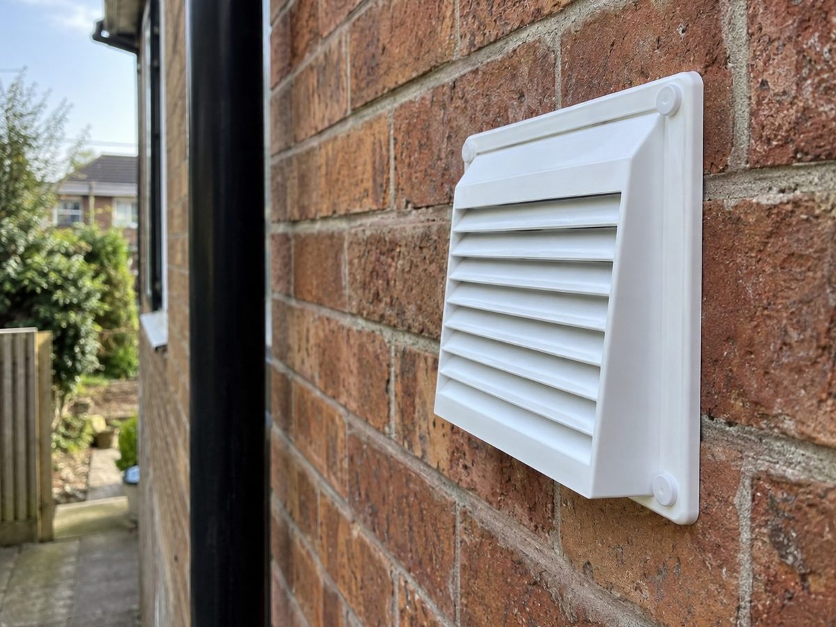 A white vent grille set into a brick wall beside a downpipe